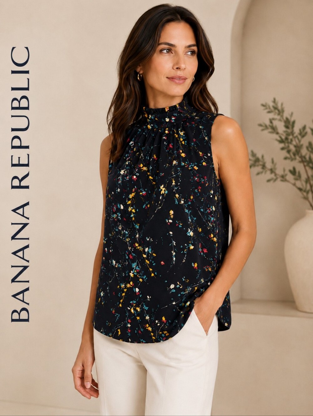Banana Republic Navy Floral Mock Neck Sleeveless - Picture 1 of 4